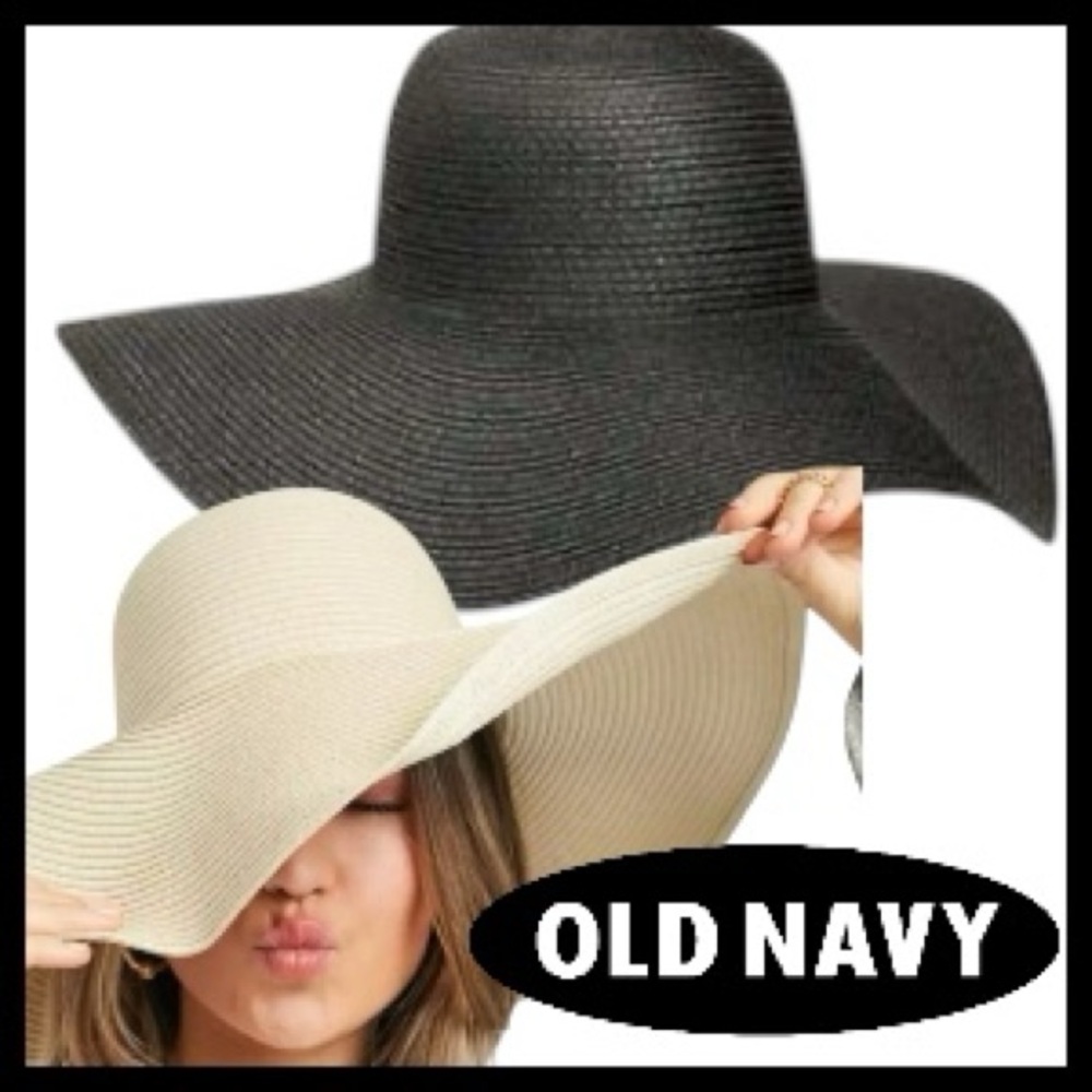 Old Navy Black Wide Brim Woven Paper/Straw Floppy Packable Sun Hat (L/XL)